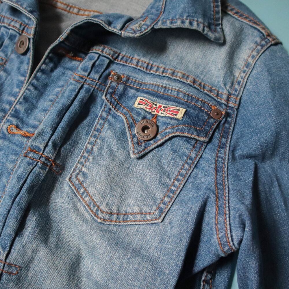 Hudson Y2K Distressed Elbow Patch Jean Denim Jacket Womens Small Casual Basic - Picture 2 of 8